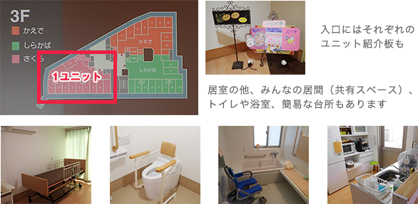 施設3Fのユニットと居室の様子の画像。入口にはそれぞれのユニット紹介板があり、居室、共有スペース、トイレや浴室、簡易台所もあります。